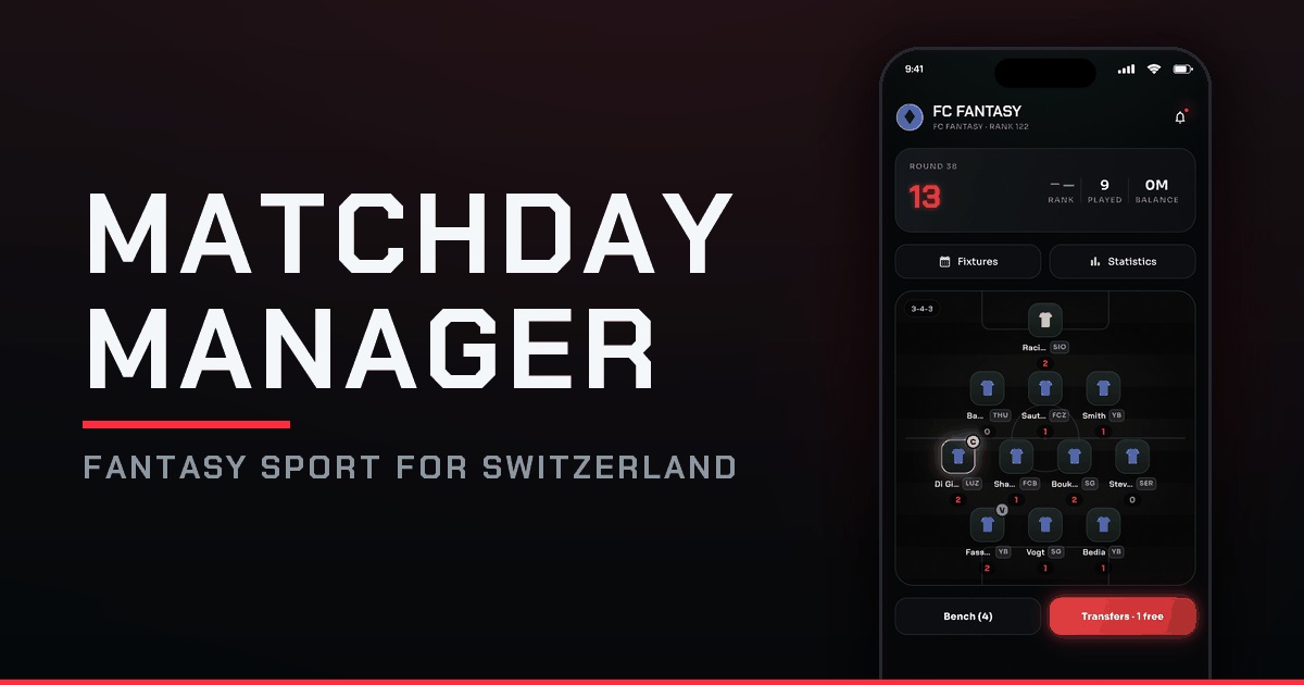 Matchday-Manager-Schriftzug neben einem Smartphone mit dem Team-Bildschirm der App